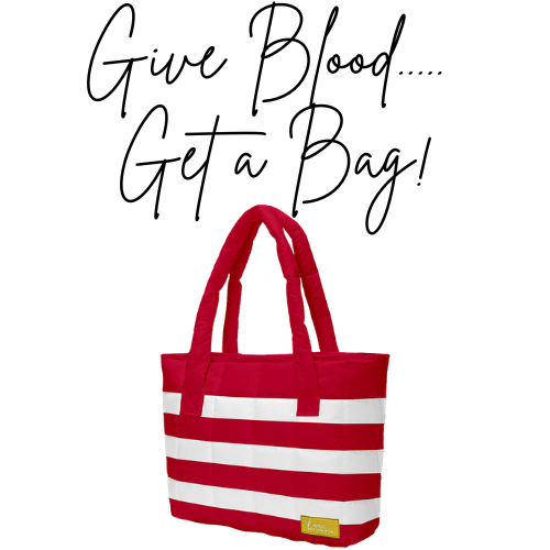 "Stylish red and white striped tote bag below handwritten text reading 'Give Blood... Get a Bag!' promoting blood donation incentives."