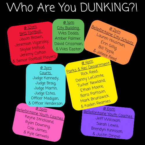 Black background with colorful boxes listing dunk tank participants at different times. White text at the top reads "Who Are You DUNKING?!"