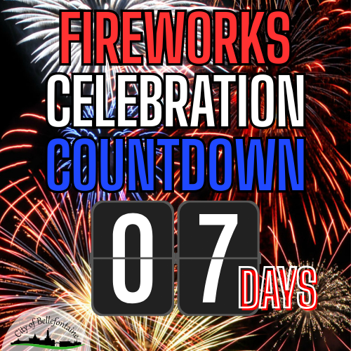 Alt text: "Fireworks Celebration Countdown poster shows vibrant fireworks in the background. Bold red, white, and blue text reads '07 Days.' Energetic and festive tone."