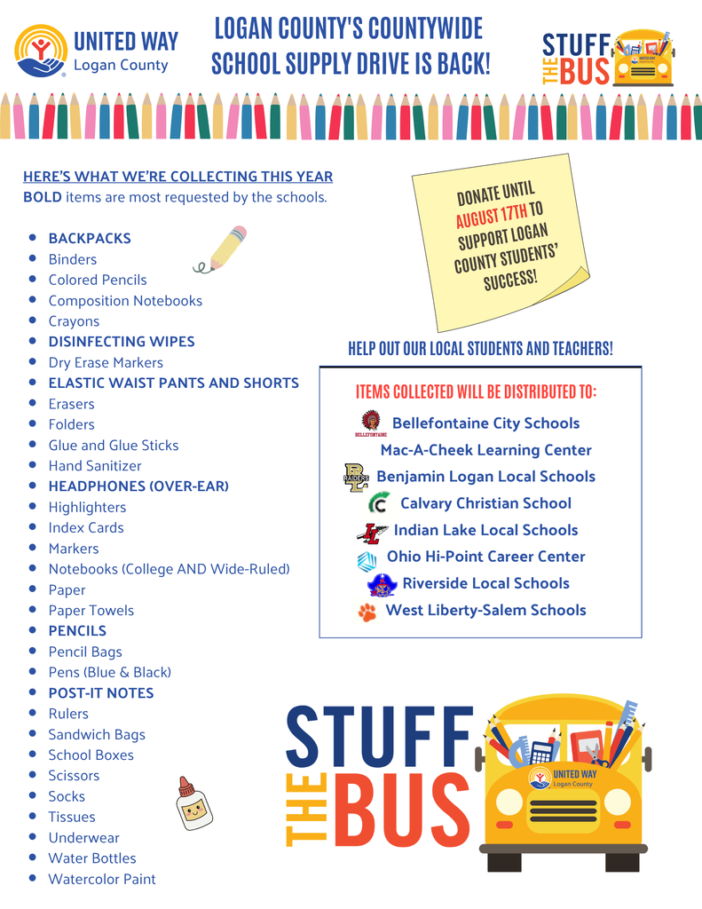 United Way Logan County school supply drive flyer listing requested items, donation deadline of August 17th, and participating local school districts.