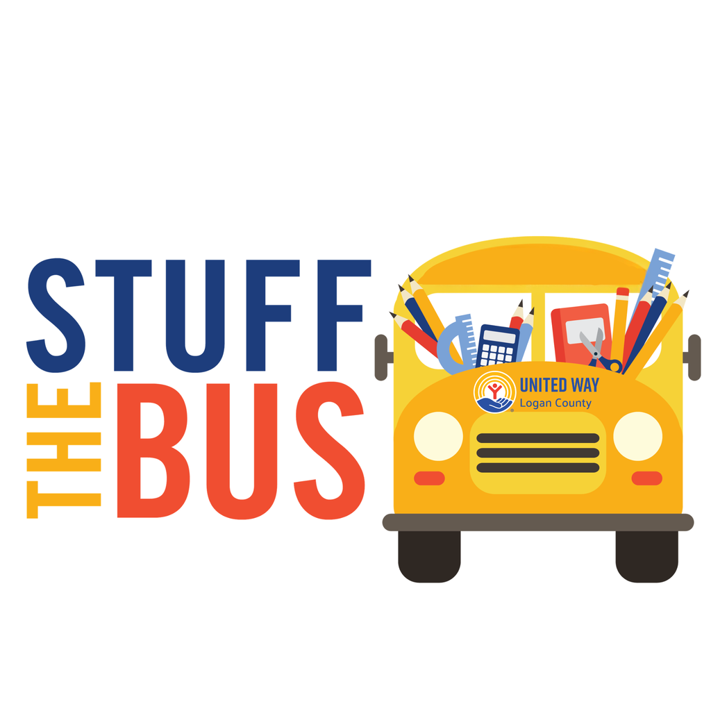 The Stuff The Bus logo features a yellow school bus filled with school supplies and the United Way Logan County logo next to bold blue and red text.