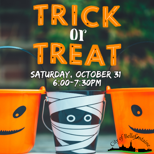 Halloween event announcement featuring three candy buckets: two orange jack-o'-lanterns and one mummy. Text reads "TRICK or TREAT" and event details below.