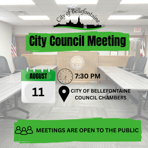 Empty council chambers. Meeting date: August 11, time: 7:30 PM. Location: City of Bellefontaine Council Chambers.