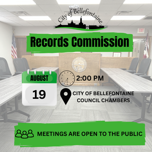 A room with desks, chairs, a flag, and a clock. Text reads "Records Commission," "August 19," "2:00 PM," and "City of Bellefontaine Council Chambers."