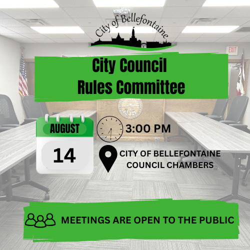 A meeting notice displays a date, time, and location. The event is a City Council Rules Committee meeting.