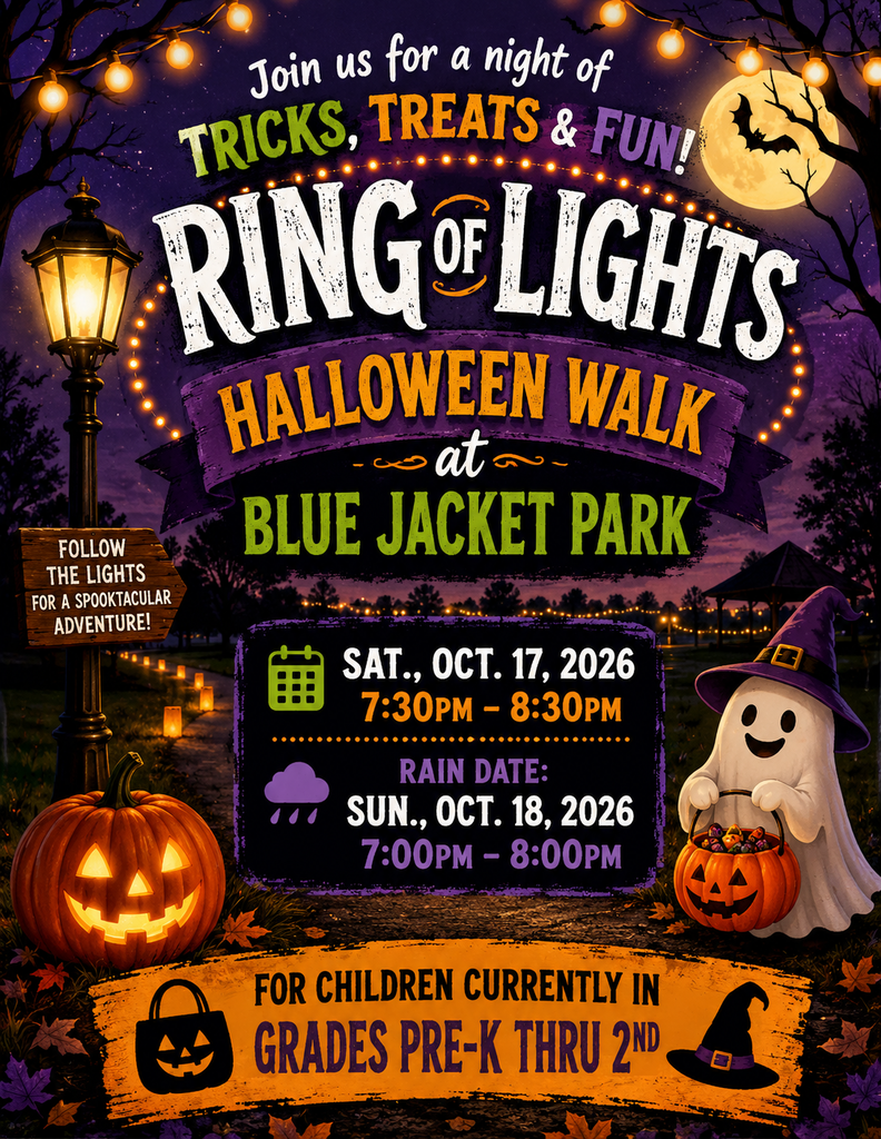Poster for Ring of Lights Halloween Walk at Blue Jacket Park on Oct. 17, 2026, with rain date Oct. 18, 2026.