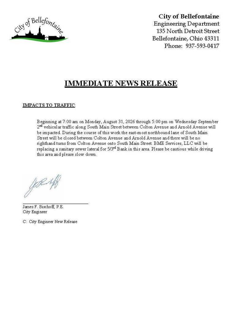A document displays a city seal at top, followed by a heading "IMMEDIATE NEWS RELEASE" with a subheading "IMPACTS TO TRAFFIC" and text detailing a road closure.