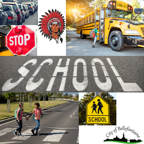 Collage with school bus, pedestrian crossing, stop sign, children, and "SCHOOL" text. Background shows urban street and grassy area.