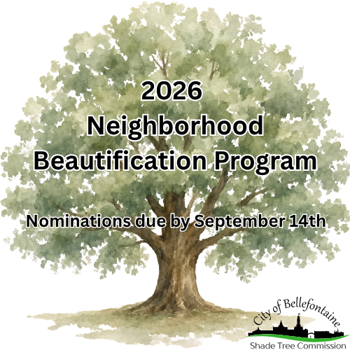 Illustration of a tree with text reading "2026 Neighborhood Beautification Program Nominations due by September 14th."