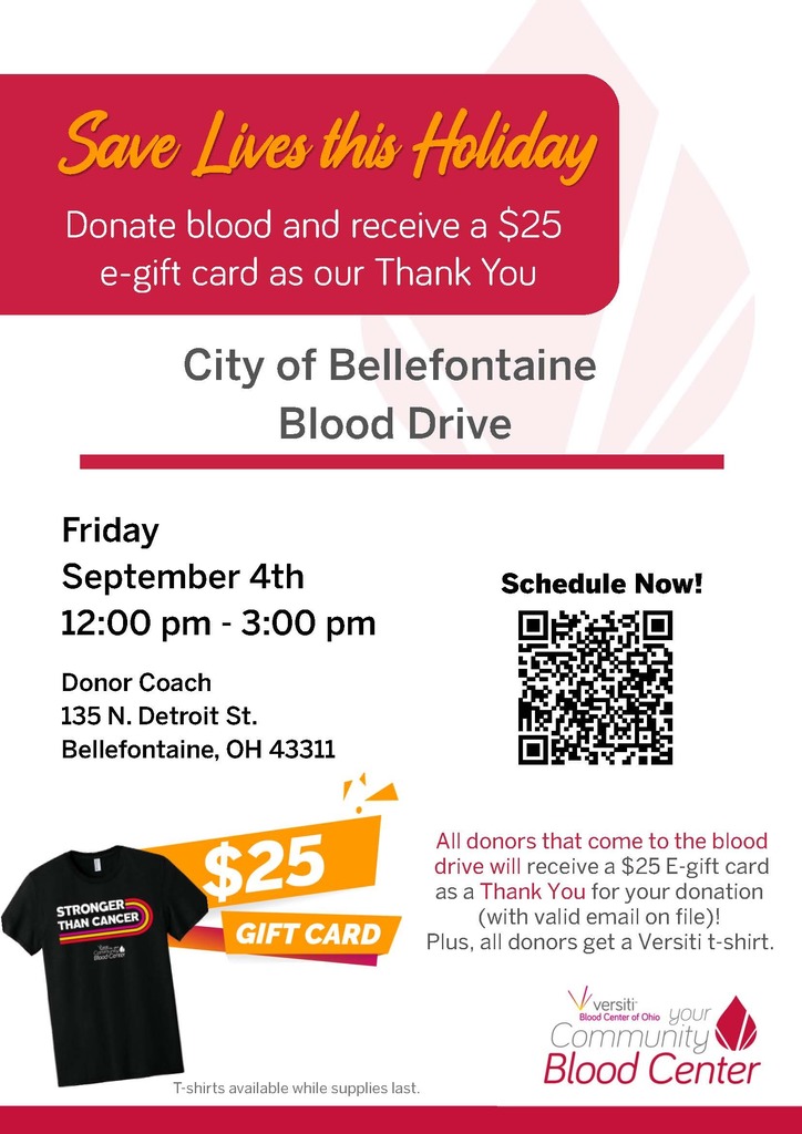 A flyer with text and an image of a QR code. It reads: "City of Bellefontaine Blood Drive" and "Friday September 4th 12:00 pm - 3:00 pm."