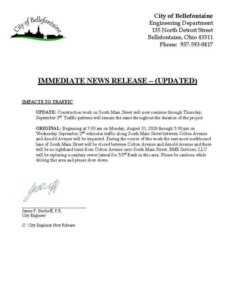 A document titled "Immediate News Release" from the City of Bellefontaine. It discusses traffic impacts and updates on South Main Street construction.