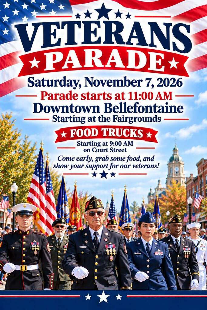 A poster for the Veterans Parade on November 7, 2026, with military personnel in uniform and flags.