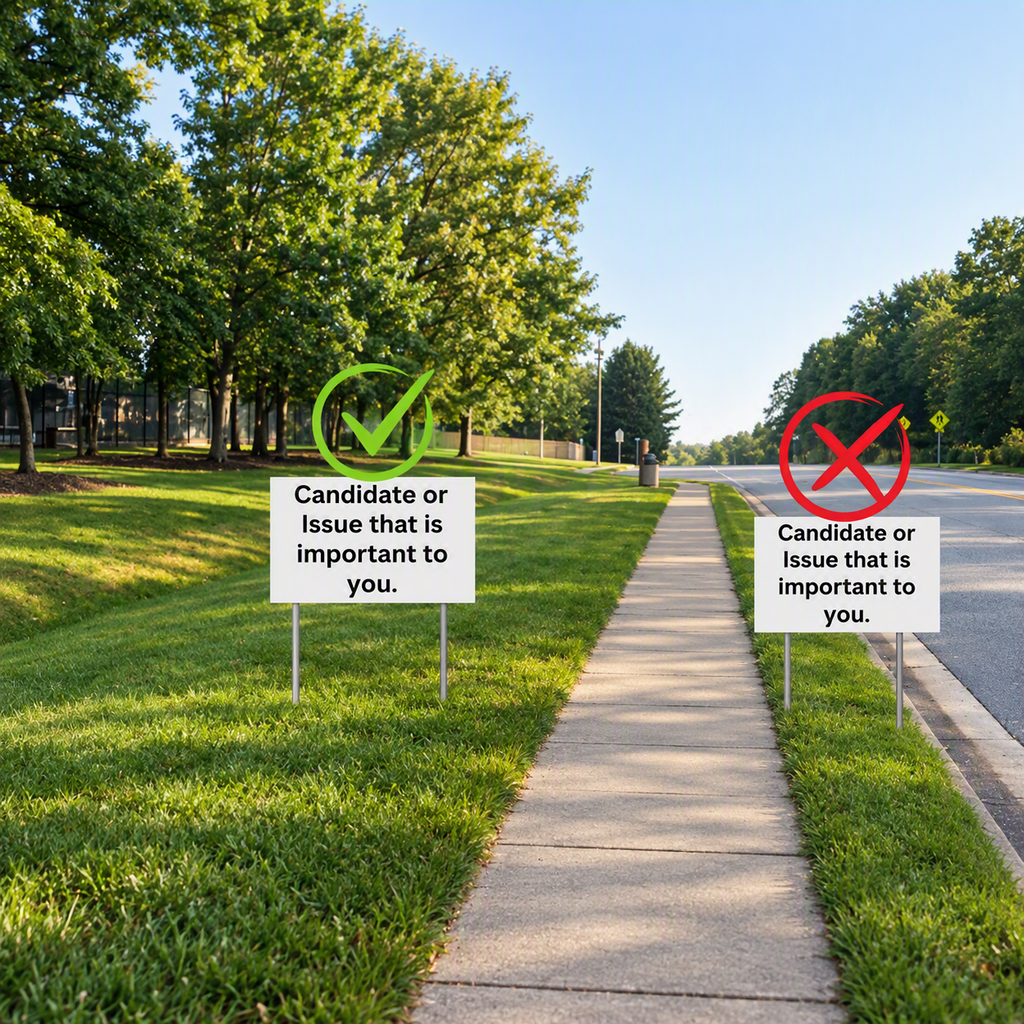Two signs on a sidewalk with grassy areas on either side. One sign has a green check and the other a red X.