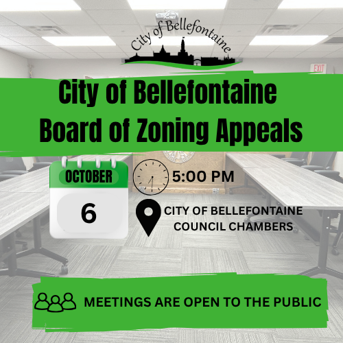 Empty room with tables and chairs. Date, time, and location of a zoning appeals board meeting.