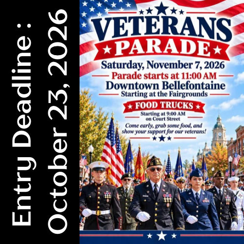 Poster with event details and photos of military personnel. Event: Veterans Parade. Date: November 7, 2026. Location: Fairgrounds.