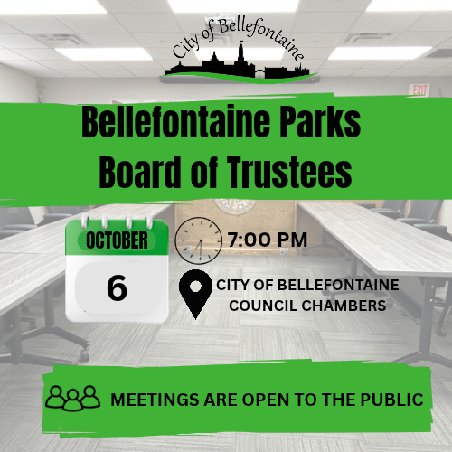 Empty room with tables and chairs. Logo above "Bellefontaine Parks Board of Trustees" with a date and time.