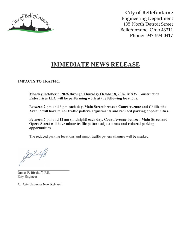 An official document with black text. The title reads "Immediate News Release" and it is from the City of Bellefontaine Engineering Department.