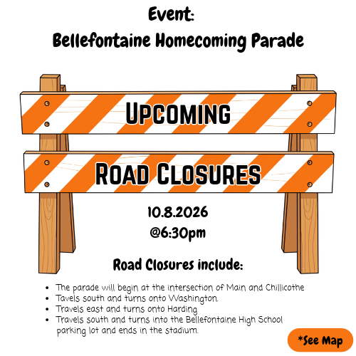 Road closure sign with text "UPCOMING ROAD CLOSURES 10.8.2026 @6:30pm" over a white background. Details about road closures.