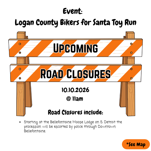 Sign with two orange barriers warns of upcoming road closures. The text reads "Logan County Bikers for Santa Toy Run" and "Upcoming Road Closures" with date and location.