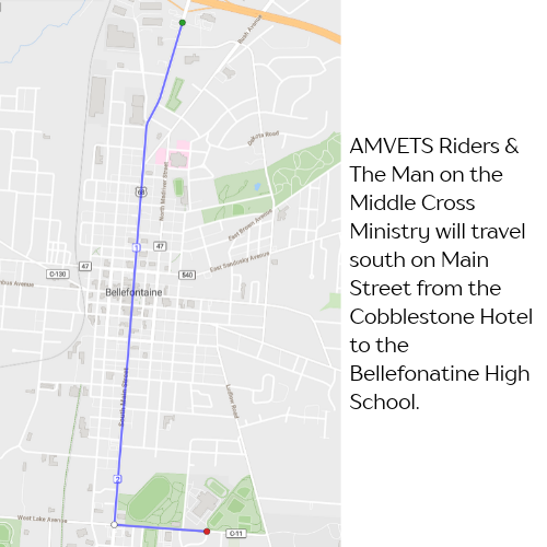A map shows a route on Main Street. It starts at the Cobblestone Hotel and ends at Bellefonatne High School.