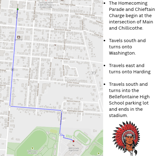 A map with a blue route showing Homecoming Parade directions starting at Main and Chillicothe, traveling south and east to various locations.