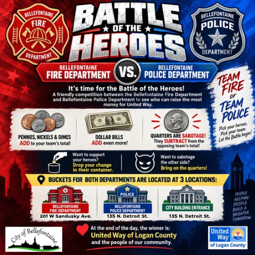 A flyer with two teams, Fire and Police Departments, competing. Buckets for donations are at three locations.