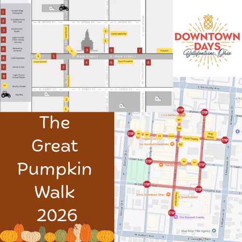 Two maps for the Great Pumpkin Walk 2026 event, one with a pumpkin design and the other with a red route.