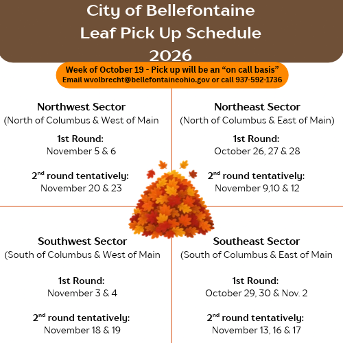 City of Bellefontaine's 2026 leaf pickup schedule, divided into four sectors, with specific dates for each sector.