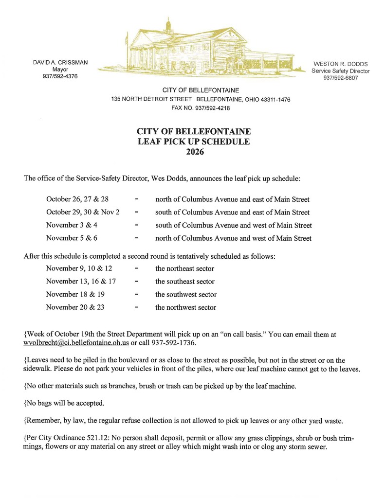 A document from the City of Bellefontaine provides a leaf pickup schedule, listing dates and areas for pickup.