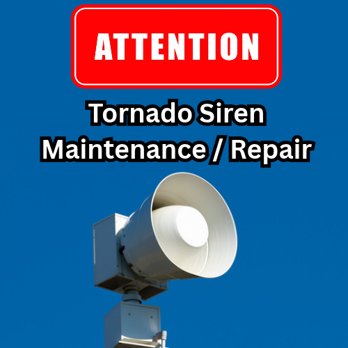 A blue background with text reading "Attention Tornado Siren Maintenance/Repair" above a white loudspeaker.