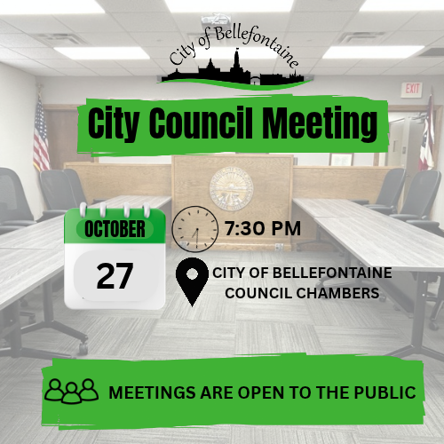 Empty room with long tables and chairs. City Council Meeting, 7:30pm on October 27. Meetings open to public.