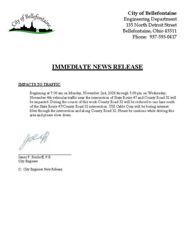 Document with black text on white paper titled "Immediate News Release" about traffic impacts with a signature.