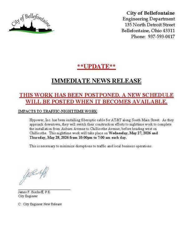 Alt text: Announcement from the City of Bellefontaine Engineering Department. It states that fiber optic work is postponed, with updates to follow.