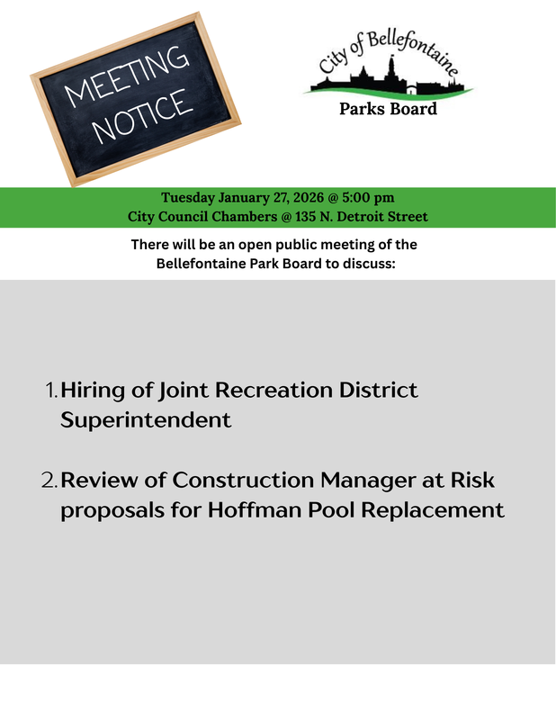 Notice of Public Meeting for  Park Board on January 27, 2026 at 5pm