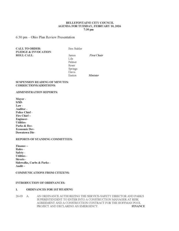 Agenda for Bellefontaine City Council, February 10, 2026, at 7:30 PM. Includes roll call, administration reports, and ordinance for the Hoffman Pool project.