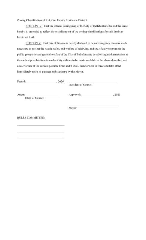 Ordinance document detailing zoning classification as R-1, focusing on emergency measures for public welfare. Includes sections awaiting signatures.