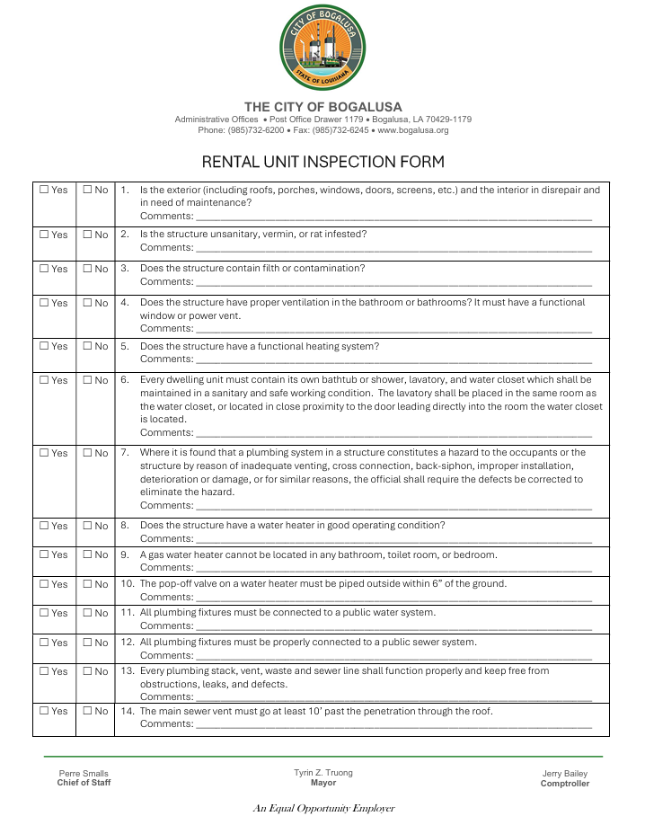 Rental Unit Inspection Form