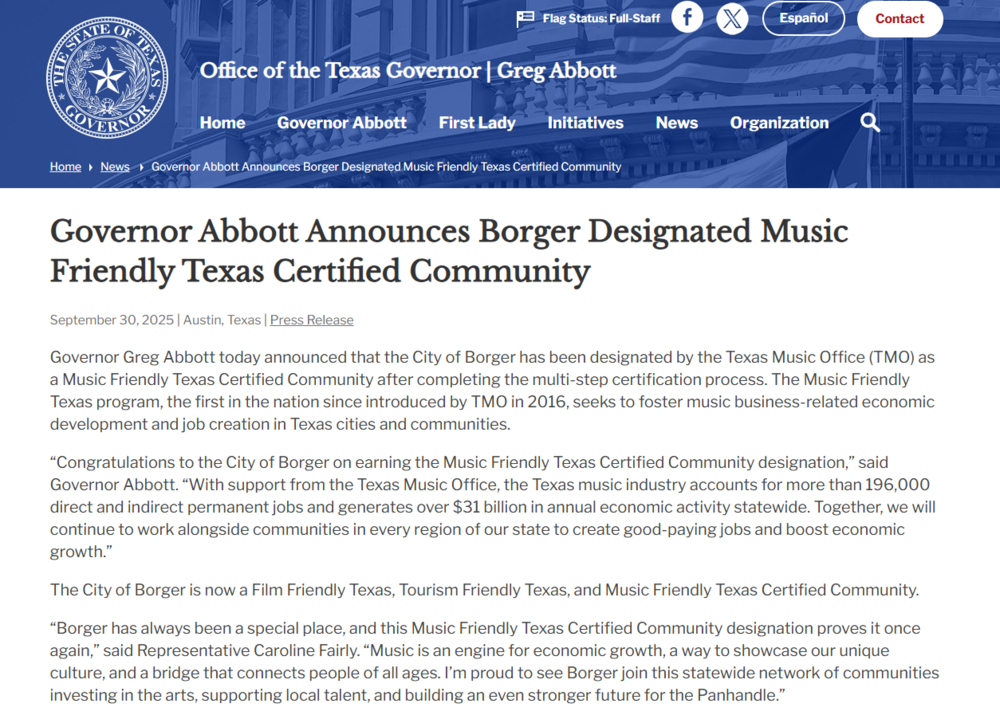 Borger Music Friendly Designation