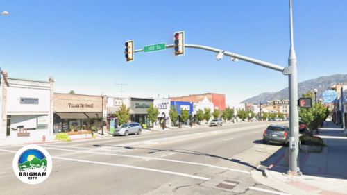 shops along Main Street at the intersection of Main Street and 100 South