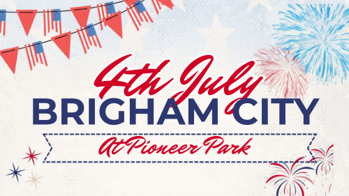 red and blue text on a background with fireworks and patriotic banners