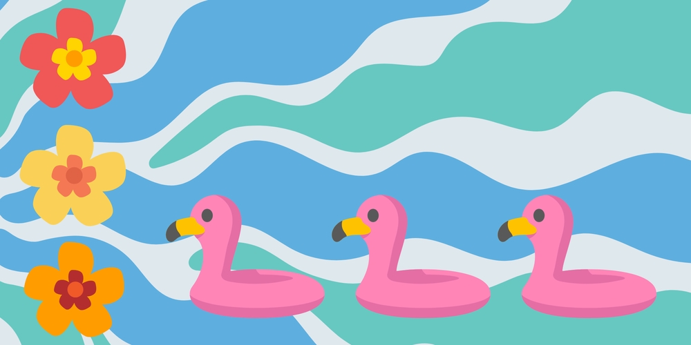 flamingo float toys and colorful flowers on a background of swirling blue and green