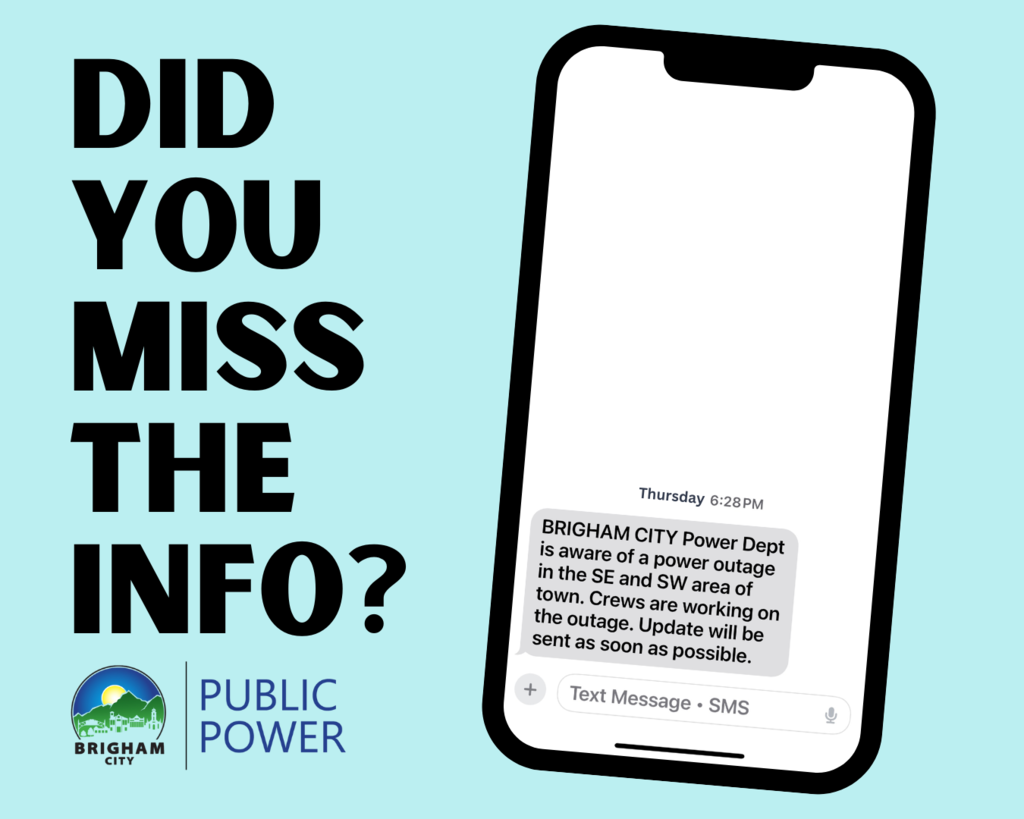 a cell phone screen with a text from Brigham City Public Power
