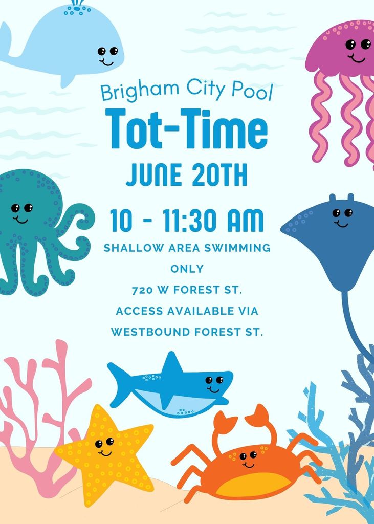Image of cartoon sea creatures in different colors, including a yellow starfish, a blue shark, a red crab, a blue mana ray, a teal octopus, a pink jellyfish, and a blue whale. The image depicts the time of our Tot-Time event and how to access the pool.