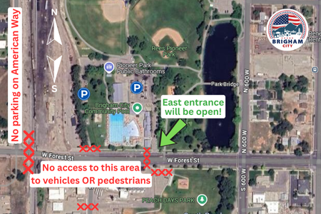 map of restricted area; no access to vehicles or pedestrians across tracks or in work zone