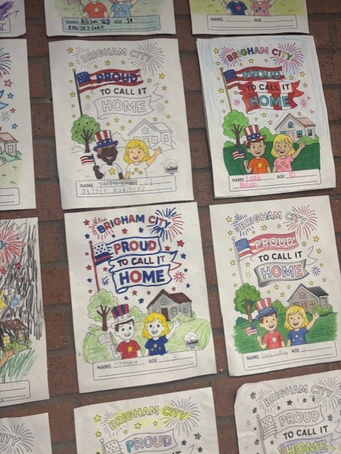 completed coloring contest submissions displayed in City Hall