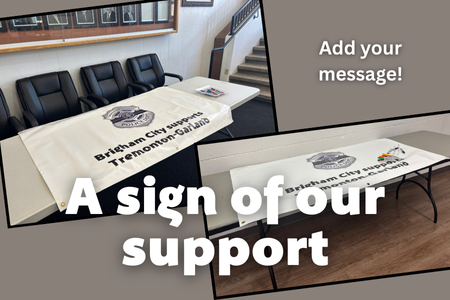 tables in the community center and in city hall with the signs on them for residents to sign