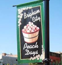 Main street banner flag with peaches in a basket with text Brigham City Peach Days