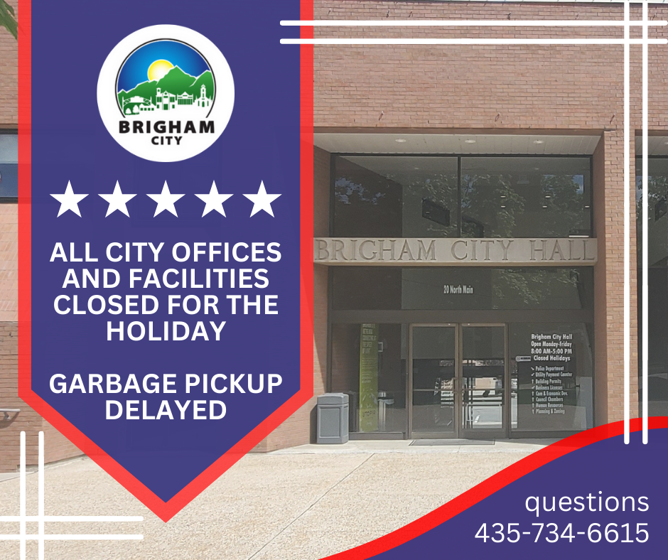 A blue banner with the Brigham City logo, white stars, and white text is superimposed over the Brigham City Hall.