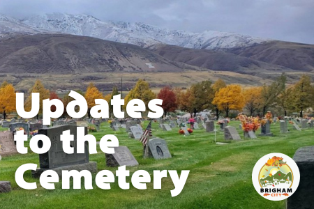 the Brigham City cemetery with fall-colored trees in the background
