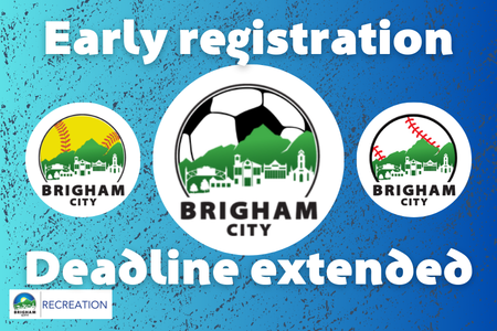 White text with softball, soccer, and baseball logos for Brigham City